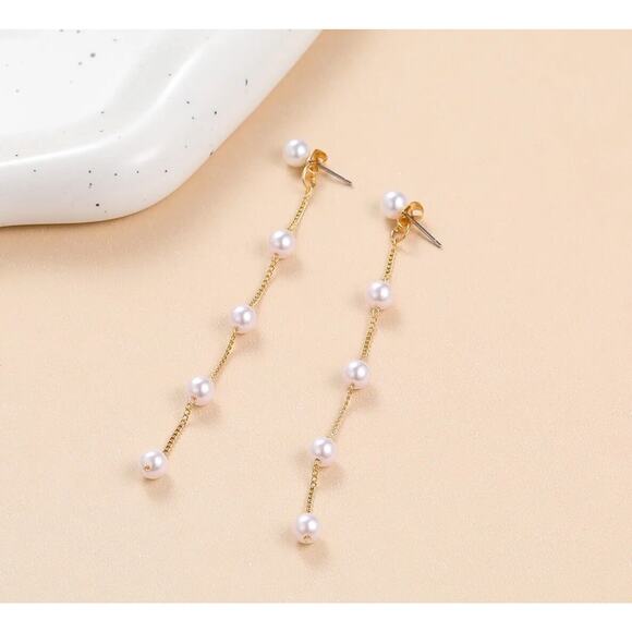 Faux Pearl Beaded Chain Dangle Push Back Earrings - Picture 2 of 3